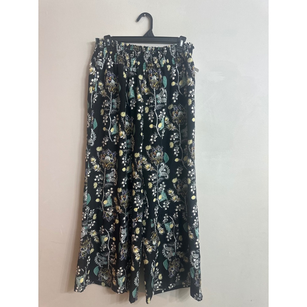 Bloomchic Black Paisley Floral Wide Leg Smocked Waist Boho Pants Plus Size 18-20